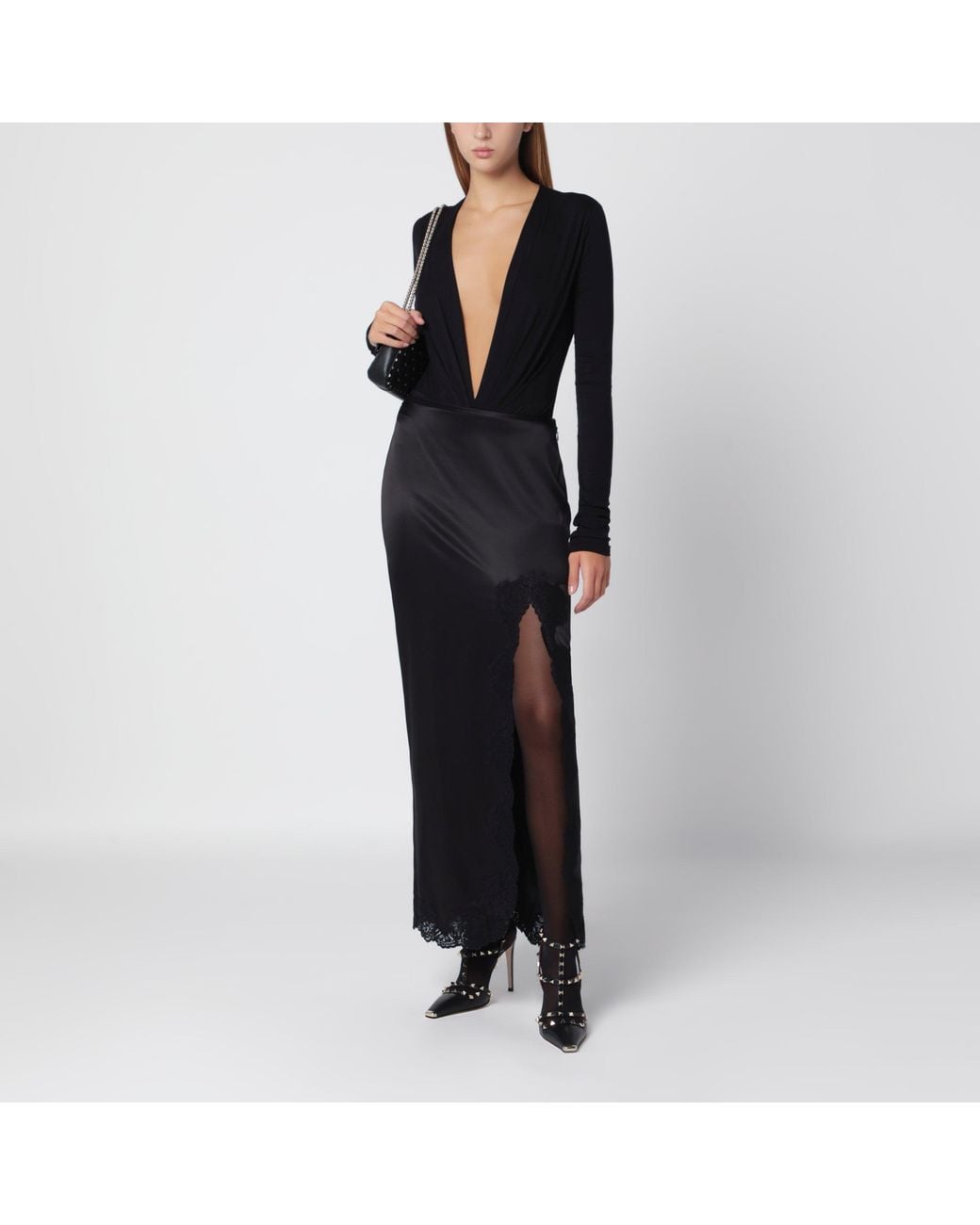 Valentino Black Long Crepe Satin Skirt With Lace