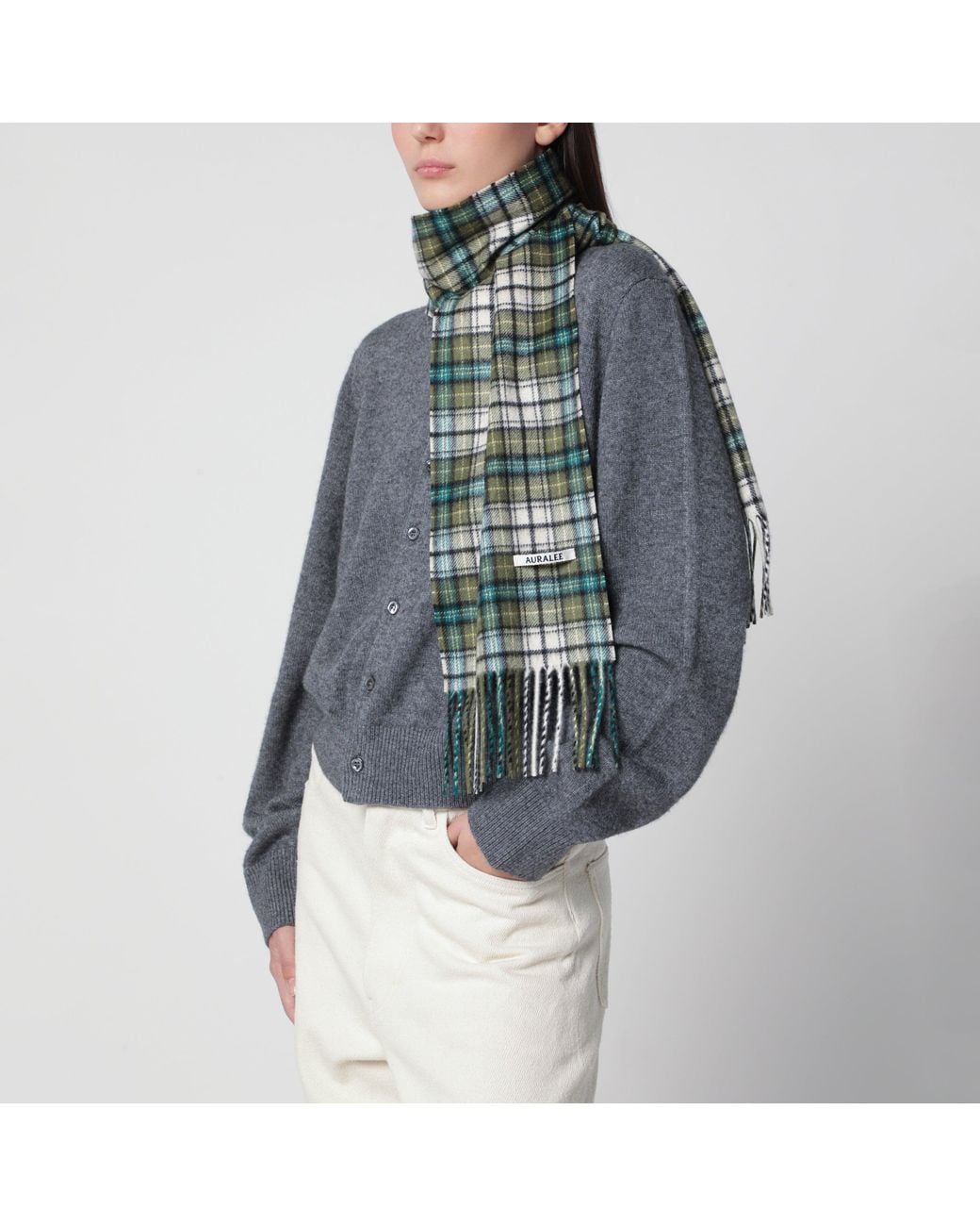 Auralee Green Moss Check Scarf