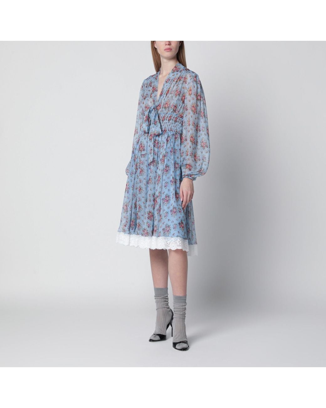 Dolce & Gabbana Blue Floral Bouquet-Print Chiffon Dress