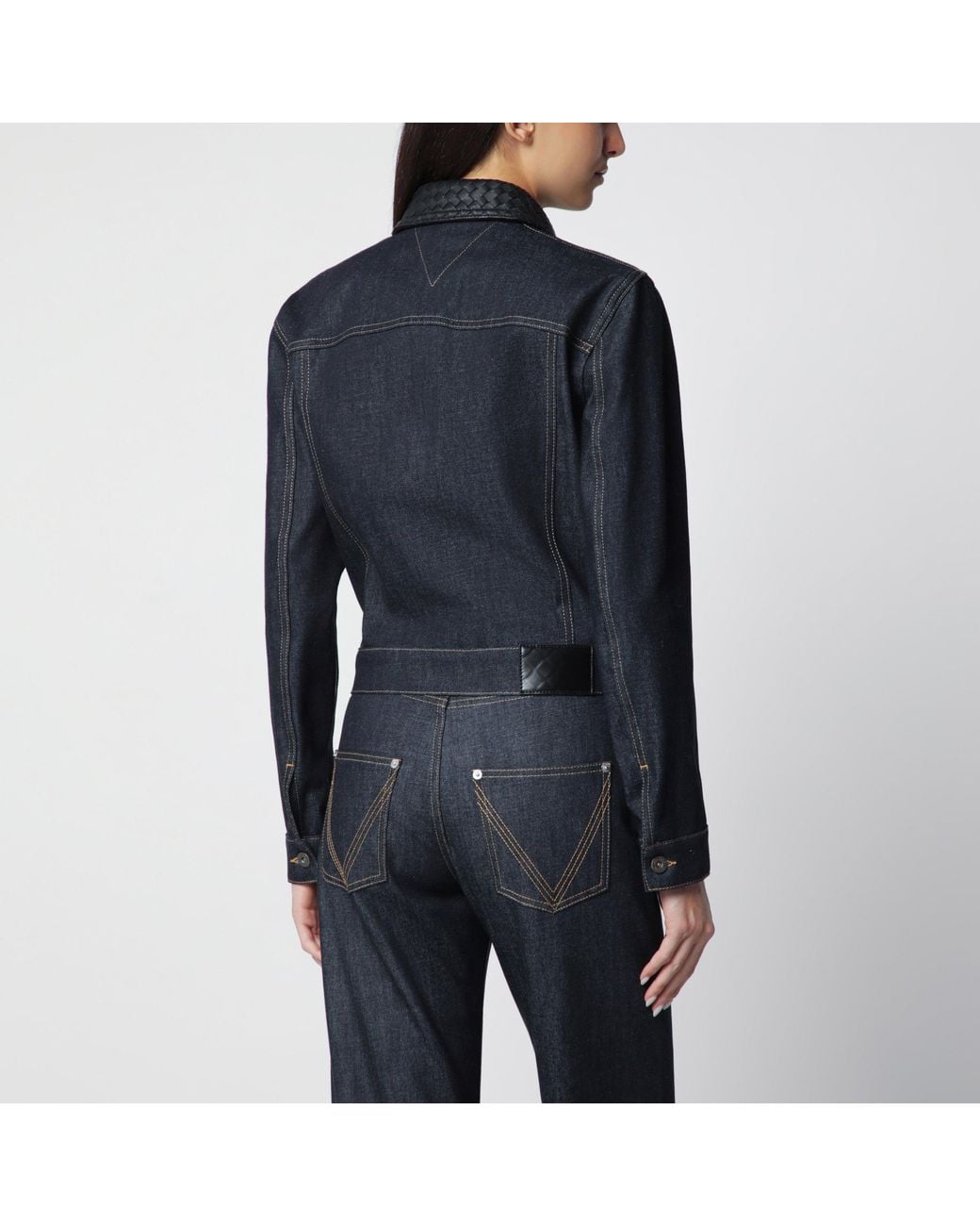 Bottega Veneta Black Denim Jacket With Intrecciato Collar