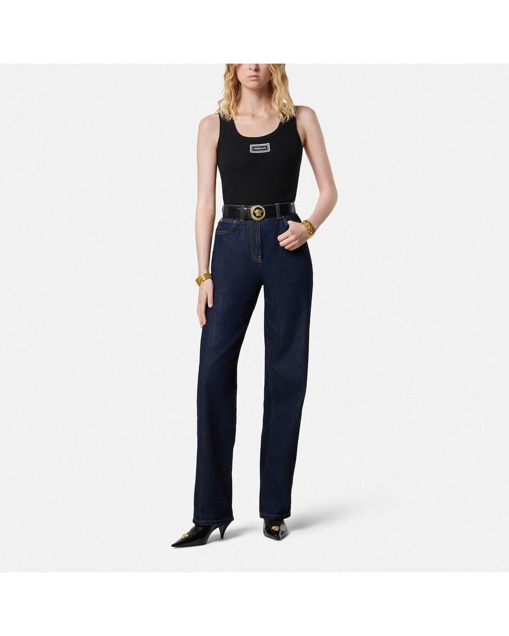 Versace Black Stretch Ribbed Cotton Tank Top