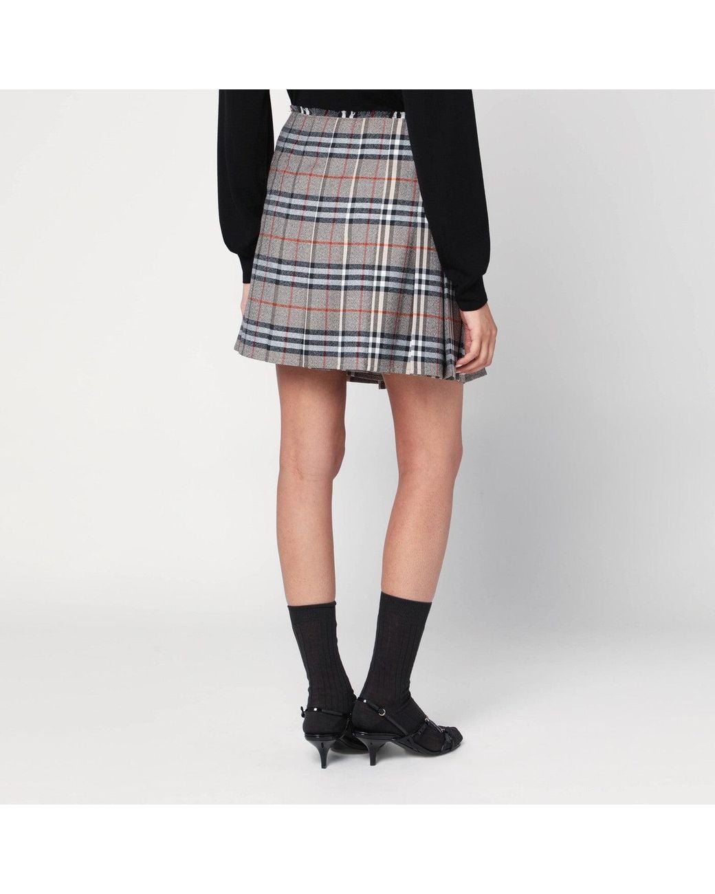 Burberry Black Wool Kilt Skirt With Check Pattern