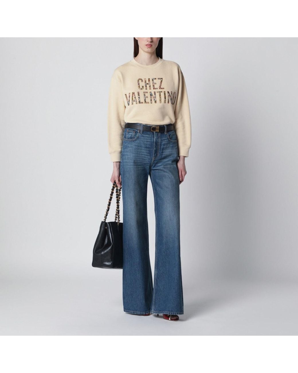 Valentino Blue Ivory Cotton Sweatshirt With Chez Floral Motif