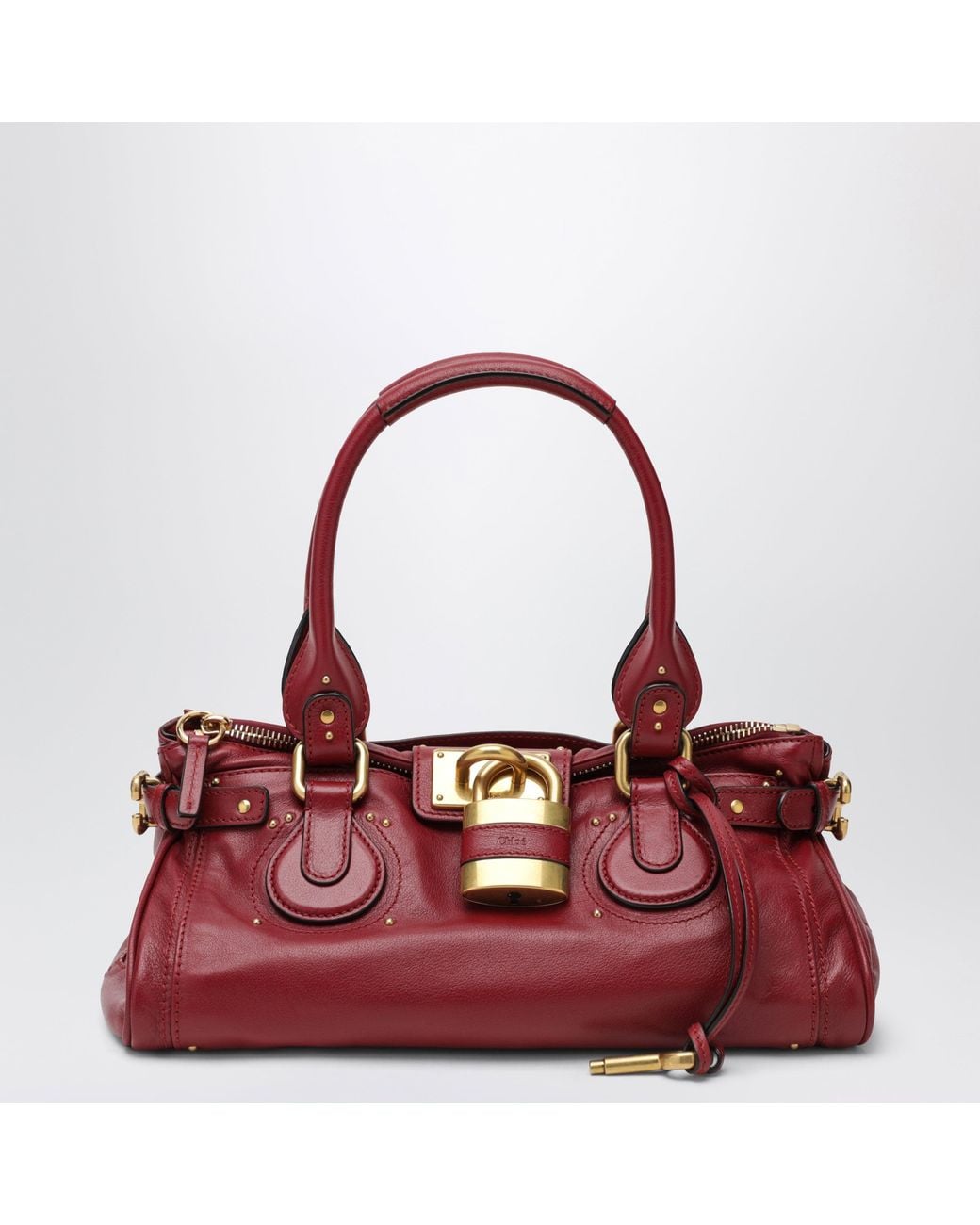 Chloé Red Grained Leather Satchel Bag With Padlock