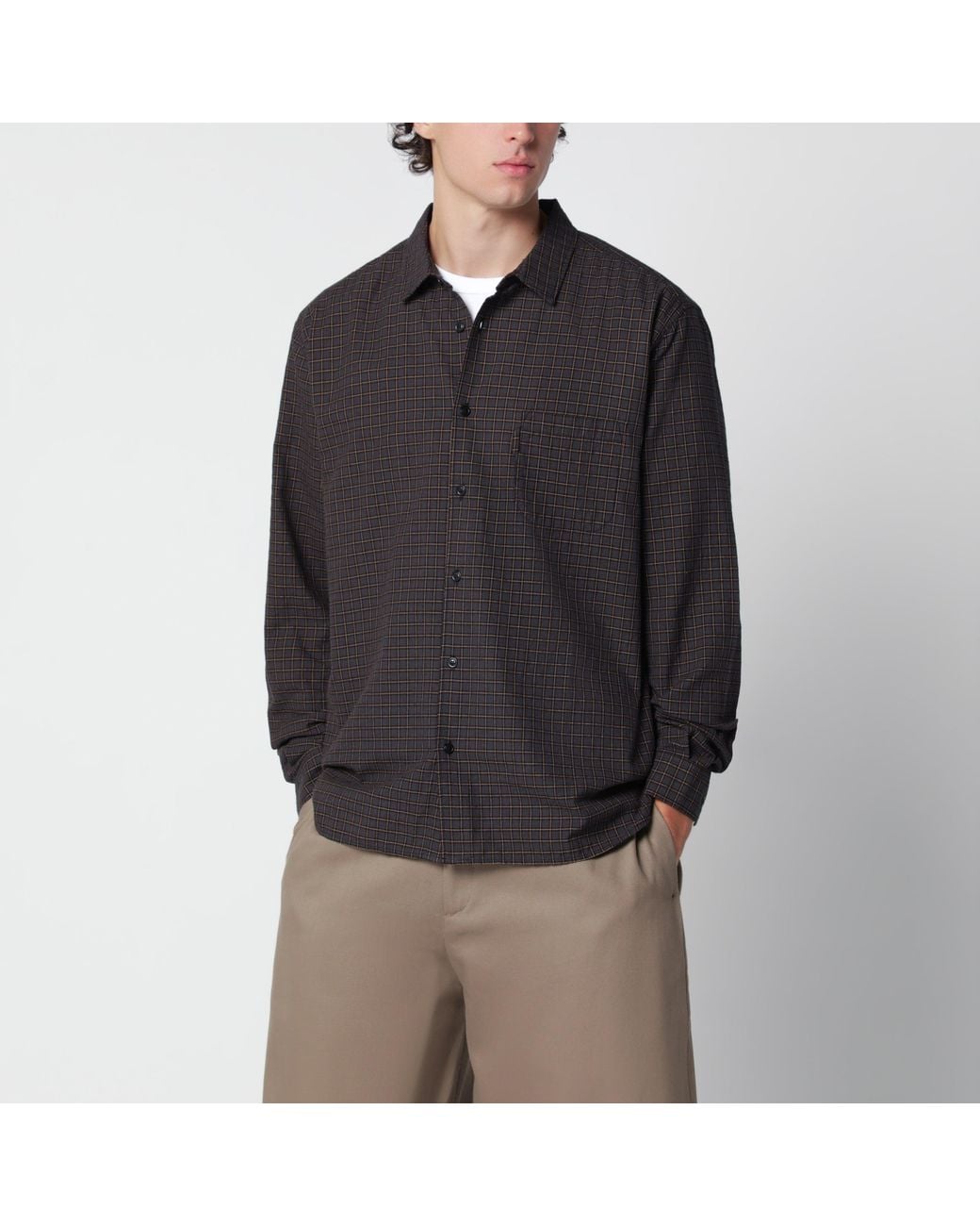 YMC Black Cotton Shirt With Check Pattern for men
