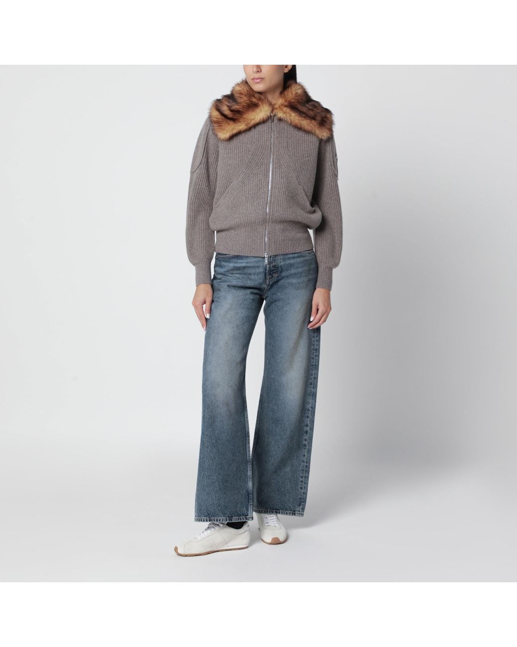 Moose Knuckles Gray Wool Cardigan With Faux Fur Collar