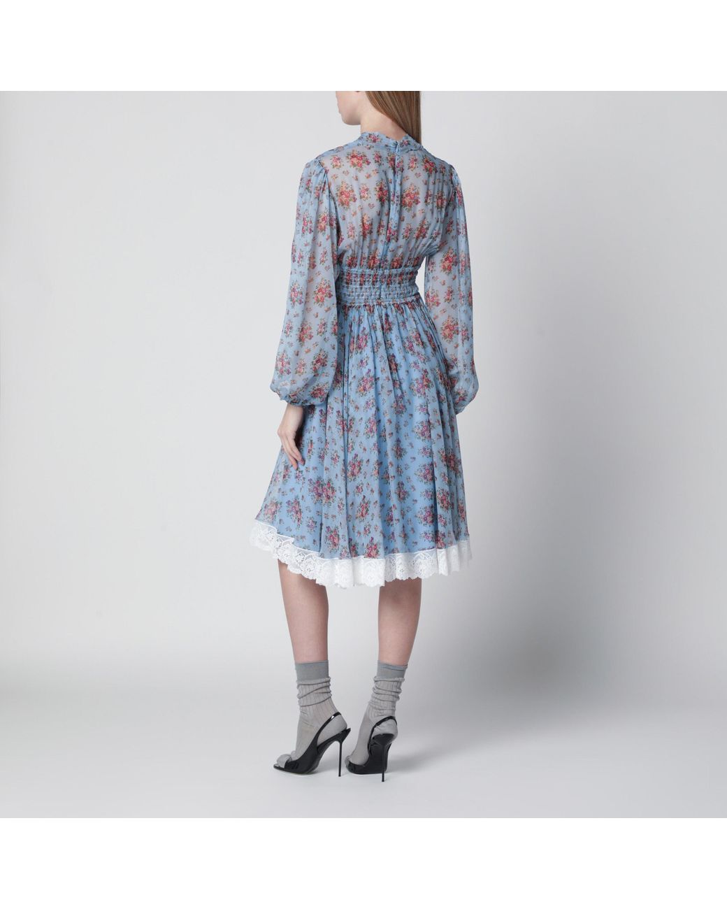 Dolce & Gabbana Blue Floral Bouquet-Print Chiffon Dress