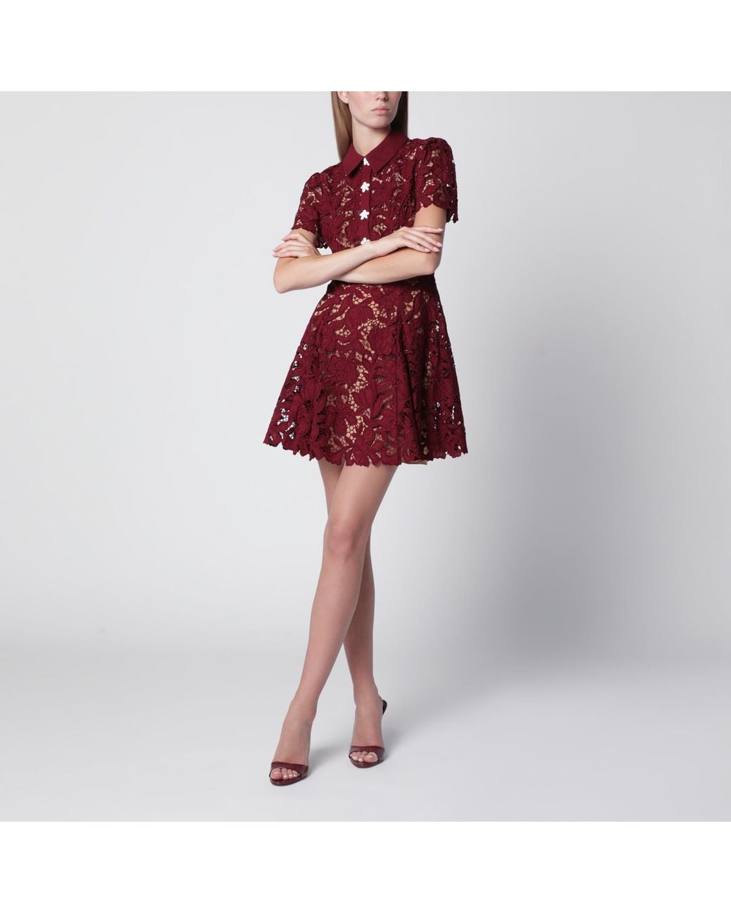 Self-Portrait Red Lace Mini Dress With Floral Buttons