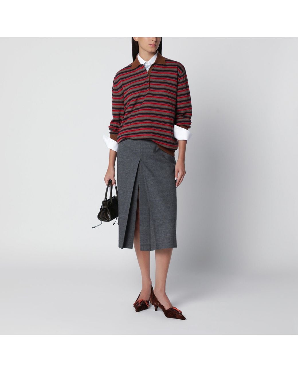 Prada Red Striped Tobacco And Slate Cashmere Polo Shirt