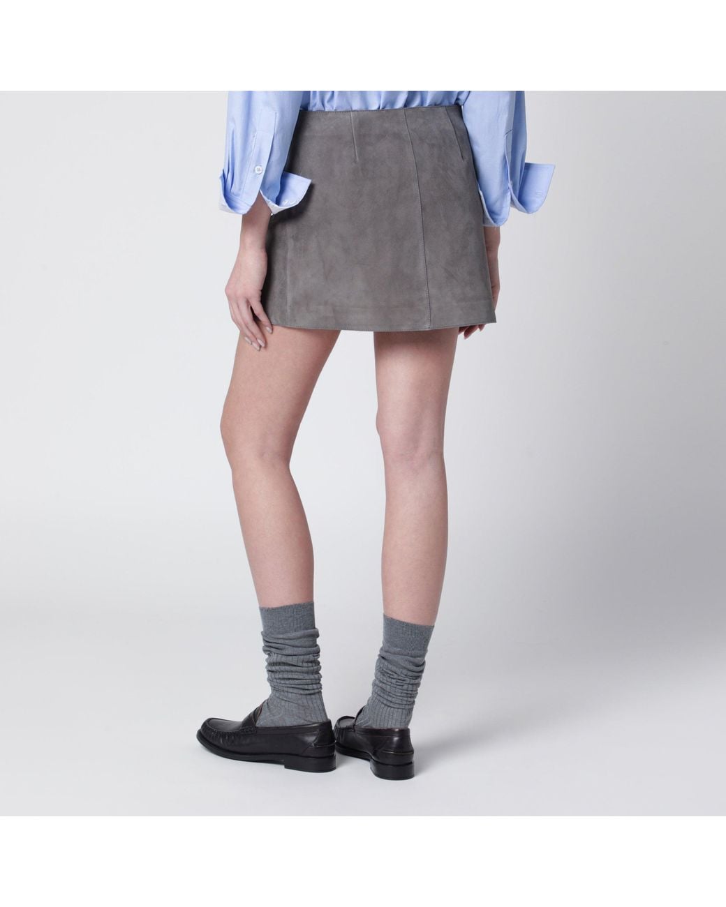 AMI Gray Suede Mini Skirt With Large Buckle Belt