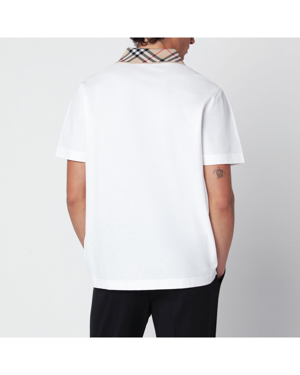 Burberry White Chalk Cotton Piqué Polo Shirt With Check Collar for men