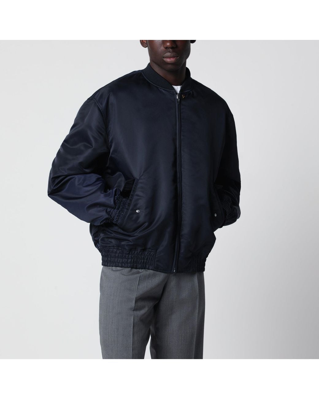 Valentino Blue Shiny Zip-Up Bomber Jacket With Vlogo for men