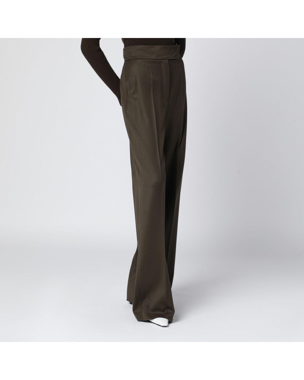 Max Mara Brown Moss Wide-Leg Wool Trousers