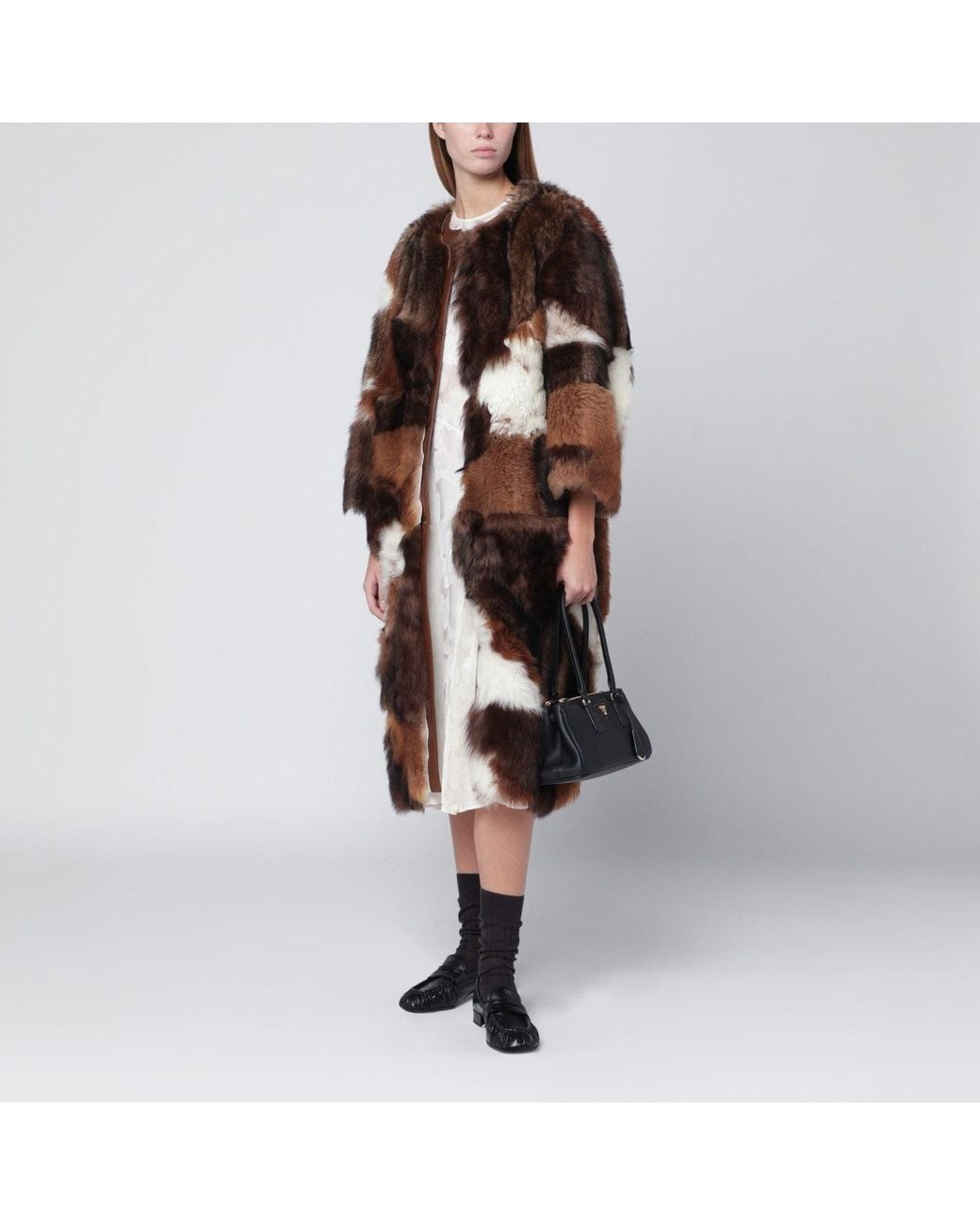 Prada Brown Patchwork Shearling Coat