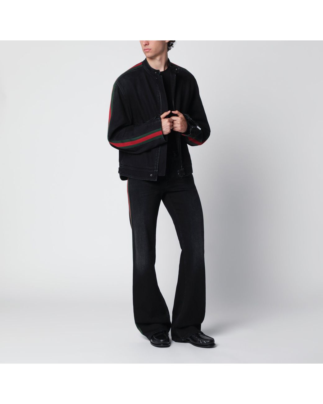 Gucci Black Cotton Denim Biker Jacket With Web Trim for men