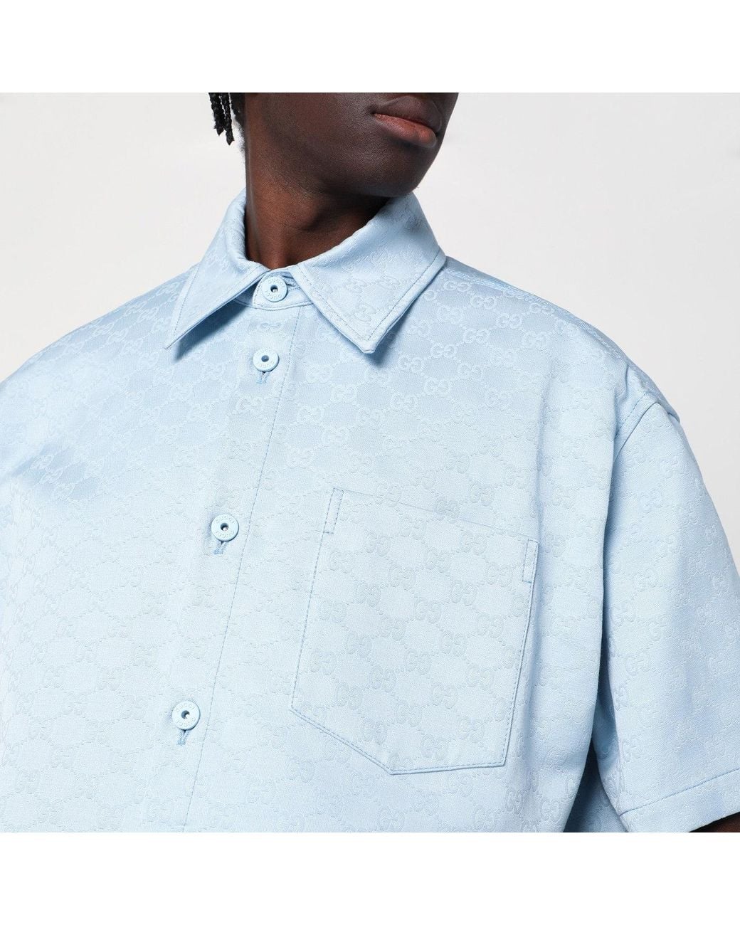 Gucci Blue Cotton Shirt With Gg Jacquard for men