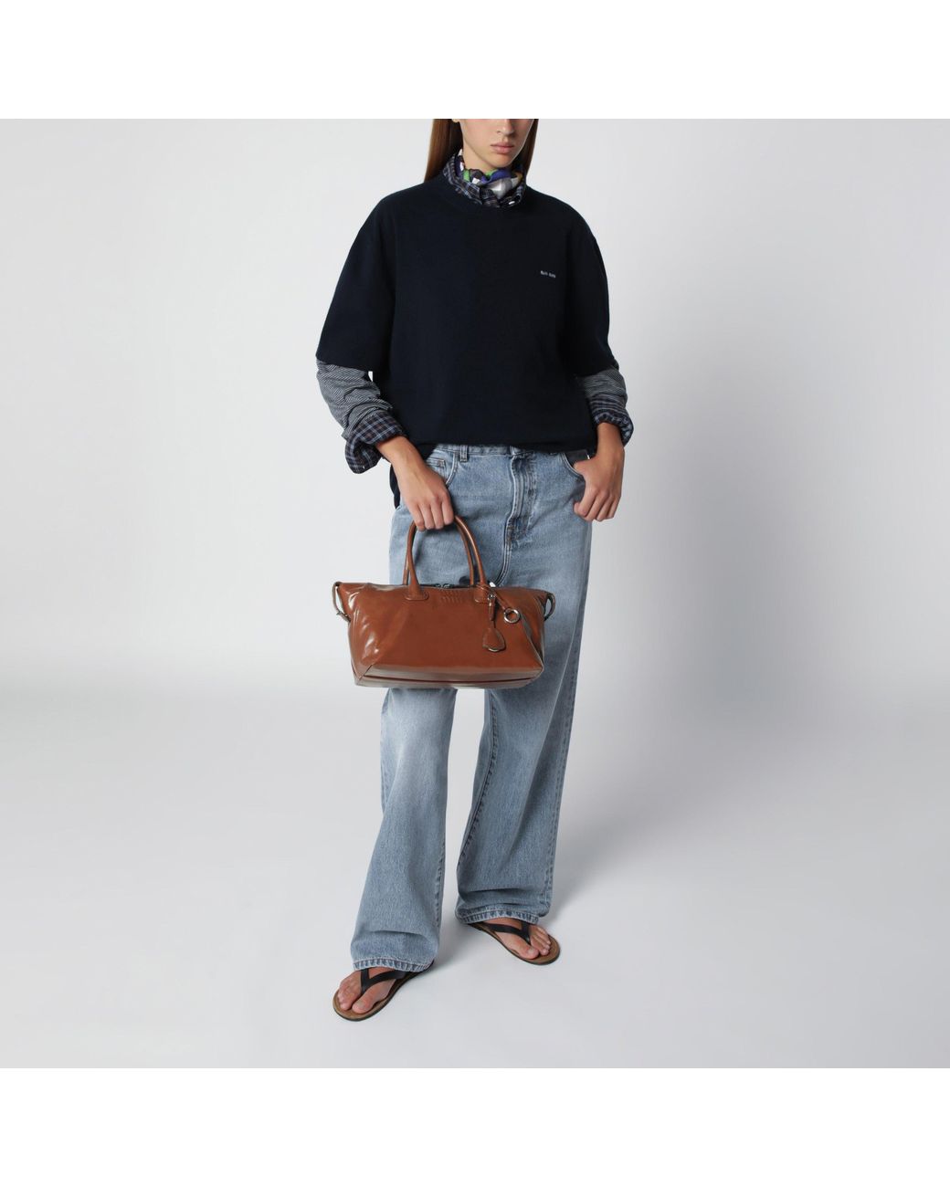 Miu Miu Brown Glossy Leather Top Handle Bag