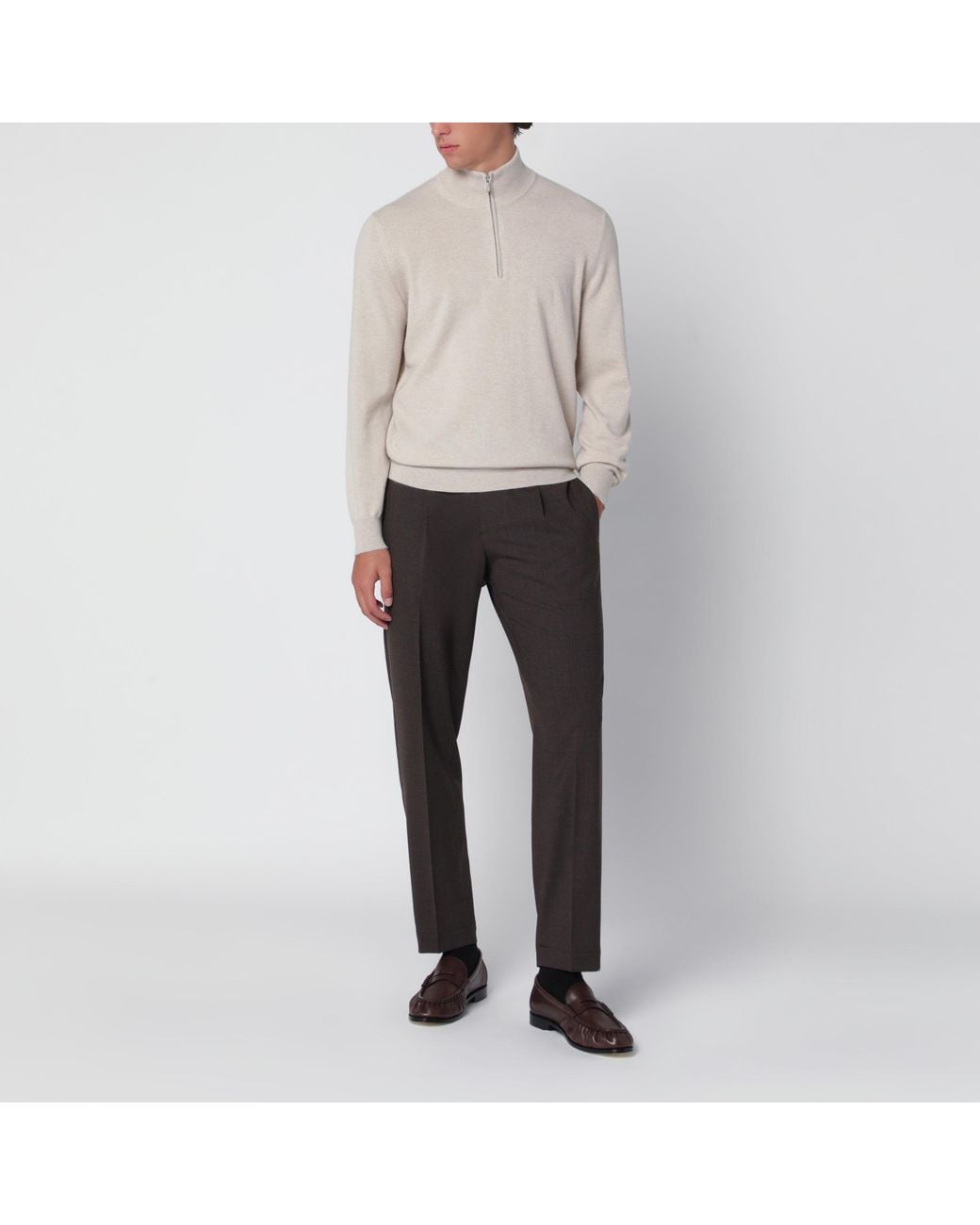 Brunello Cucinelli Natural Sand Cashmere Half-Zip Turtleneck Sweater for men