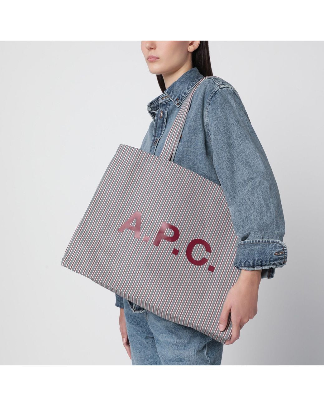 A.P.C. Gray Burgundy Striped Lou Large Tote Bag