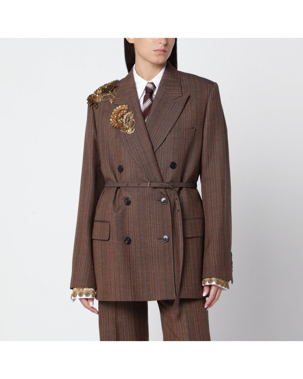 Dries Van Noten Brown Pinstripe Jacket With Sequin Embroidery