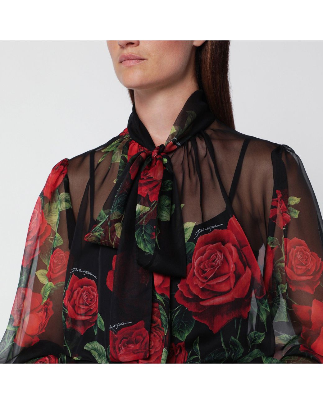 Dolce & Gabbana Red Rose-Print Silk Chiffon Blouse