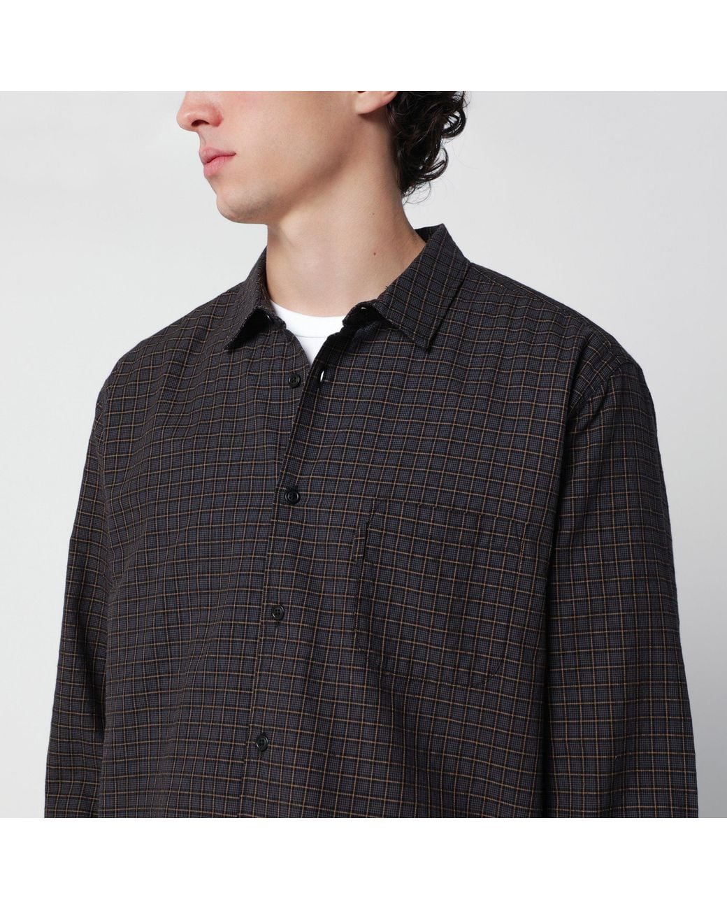 YMC Black Cotton Shirt With Check Pattern for men