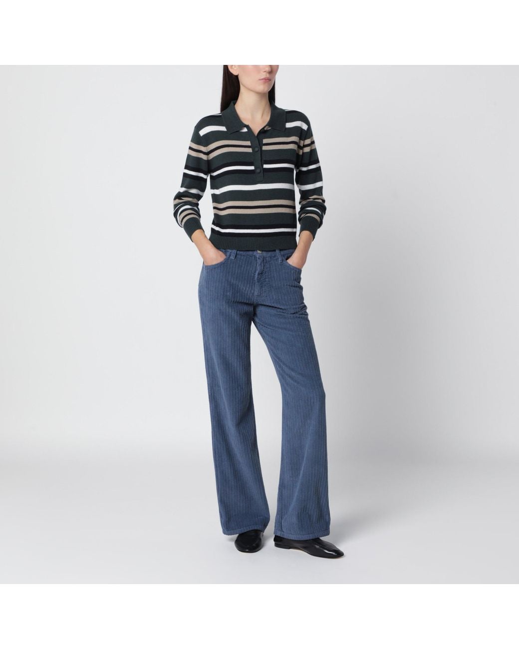 Alexandra Golovanoff Black Anna Stripes Light Sapin 21 Cashmere Polo Shirt