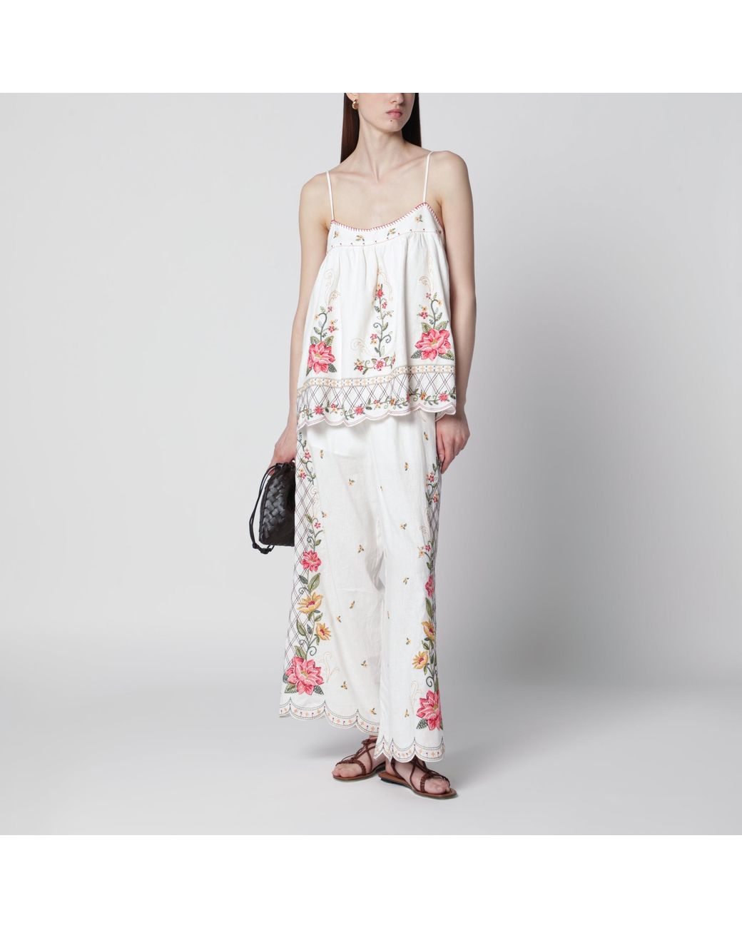 Farm Rio White Linenblend Trousers With Floral Embroidery
