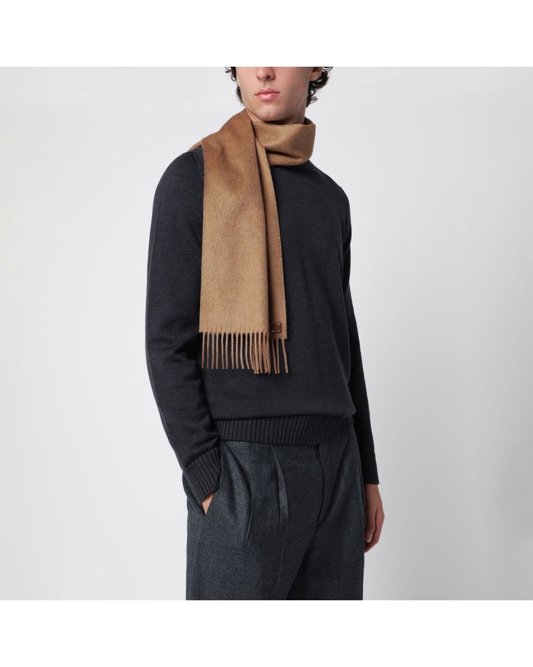 Prada Brown Camel Silk And Cashmere Scarf for men
