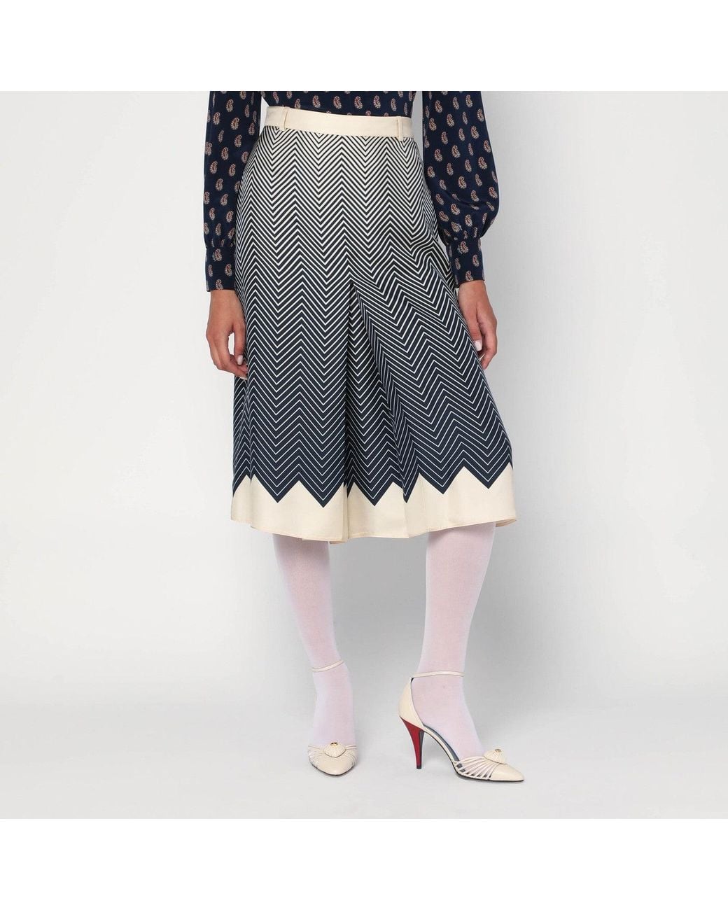 Valentino Gray Blue/ivory Silk Skirt