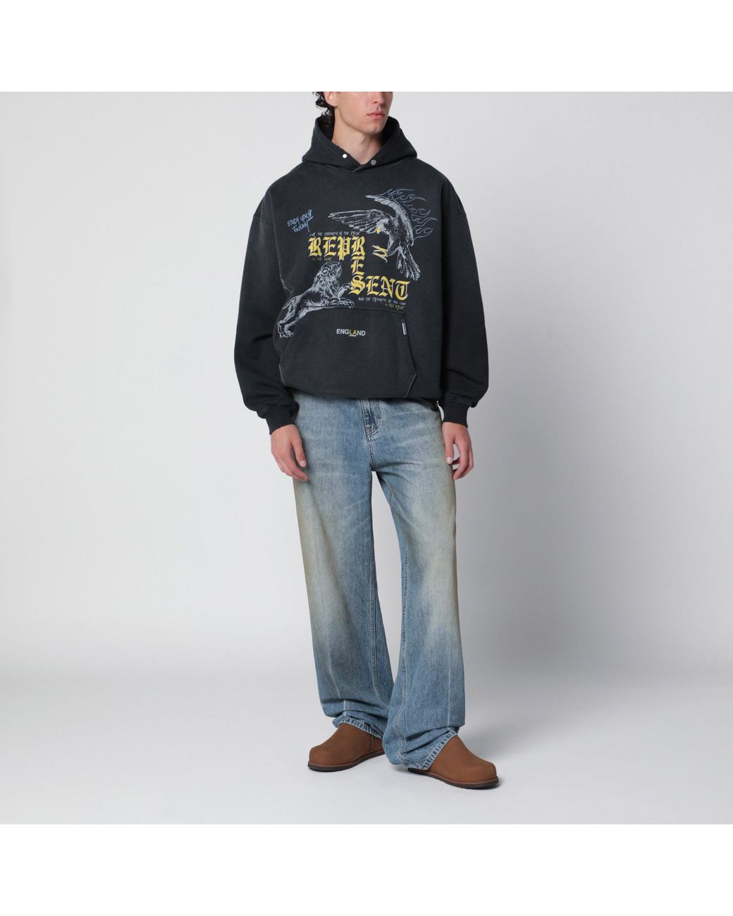 Represent Black Faded Sweatshirt With Eagle Logo Print for men