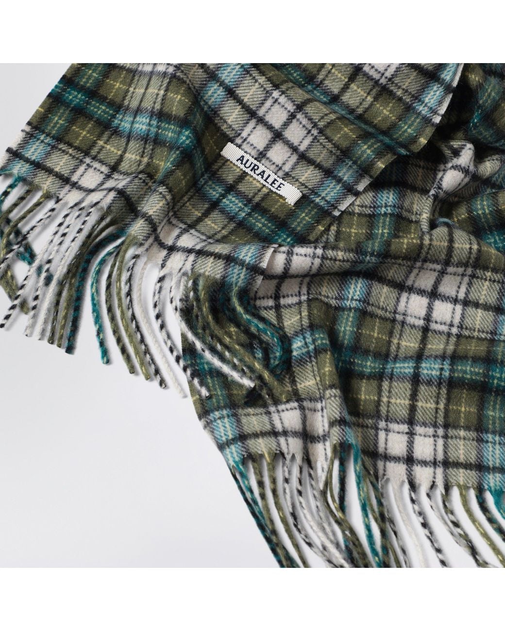 Auralee Green Moss Check Scarf