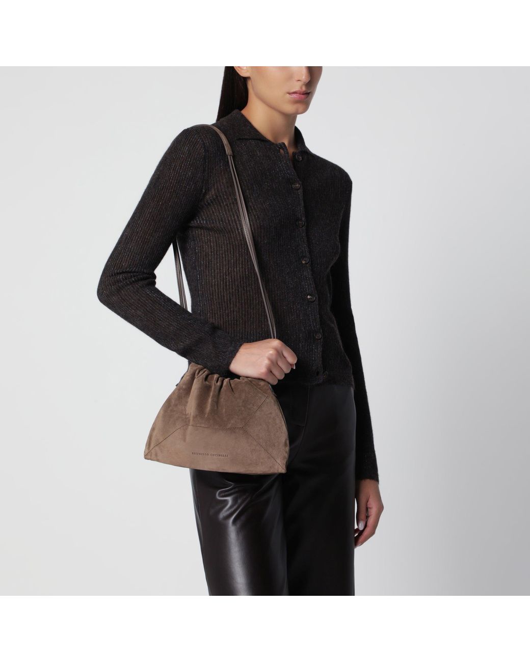 Brunello Cucinelli Brown Suede Bc Duo Pouch Bag With Monile