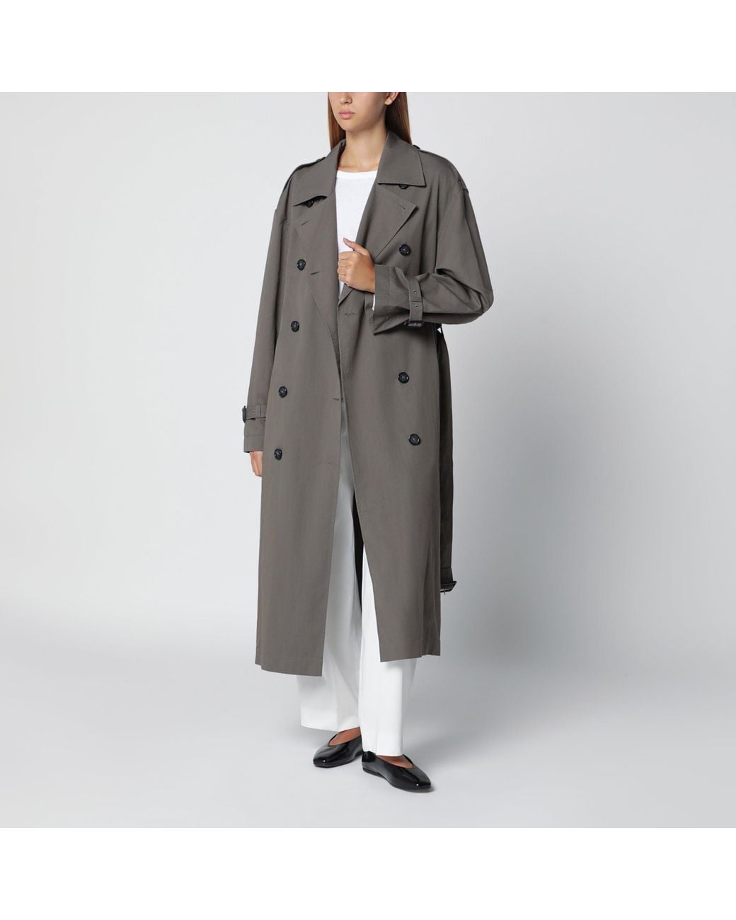 Totême Gray Taupe Double-Breasted Cotton-Blend Trench Coat