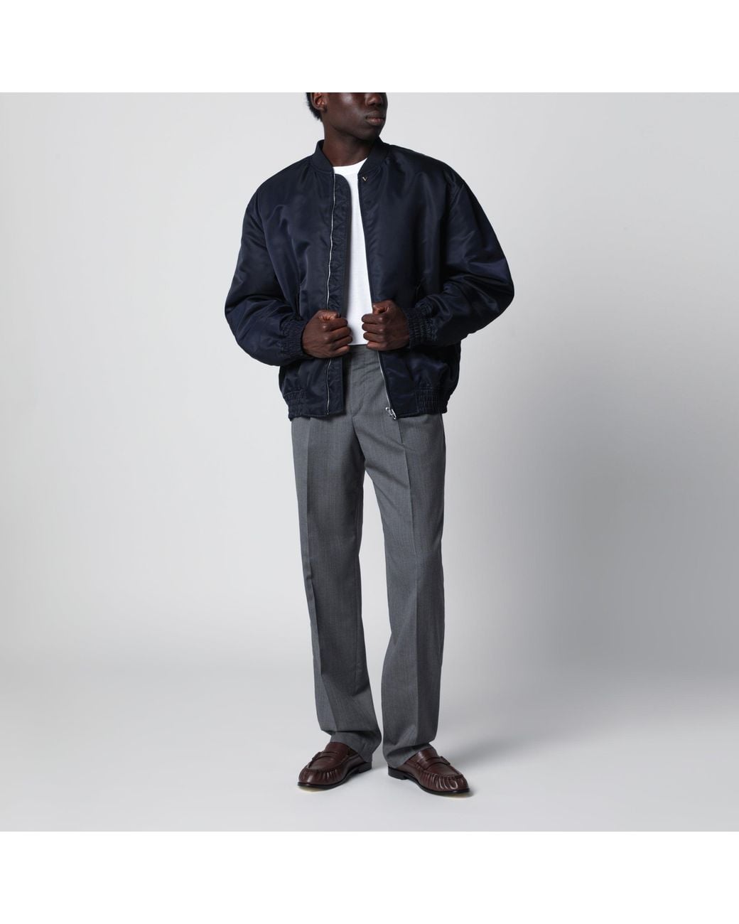 Valentino Blue Shiny Zip-Up Bomber Jacket With Vlogo for men