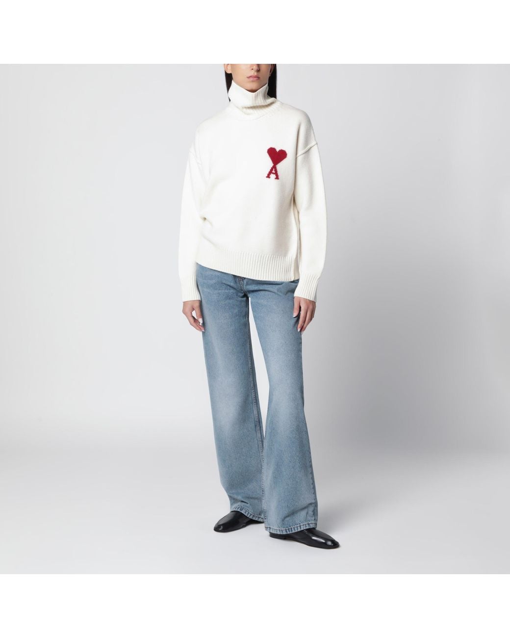 AMI White Ami De Coeur Wool Roll-Neck Jumper