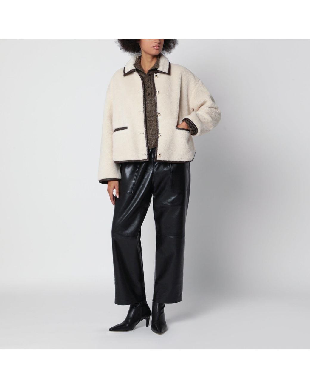 Anine Bing Natural Camden Oversized Faux-Shearling Jacket With Leather Trim