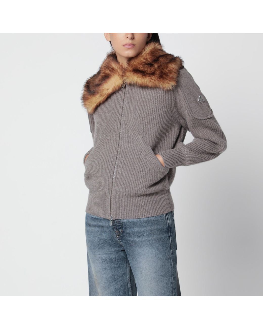 Moose Knuckles Gray Wool Cardigan With Faux Fur Collar