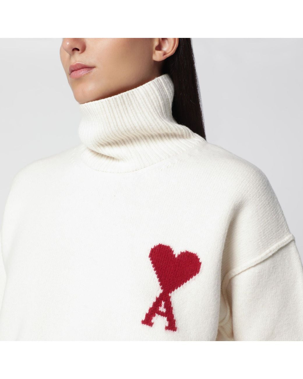 AMI White Ami De Coeur Wool Roll-Neck Jumper