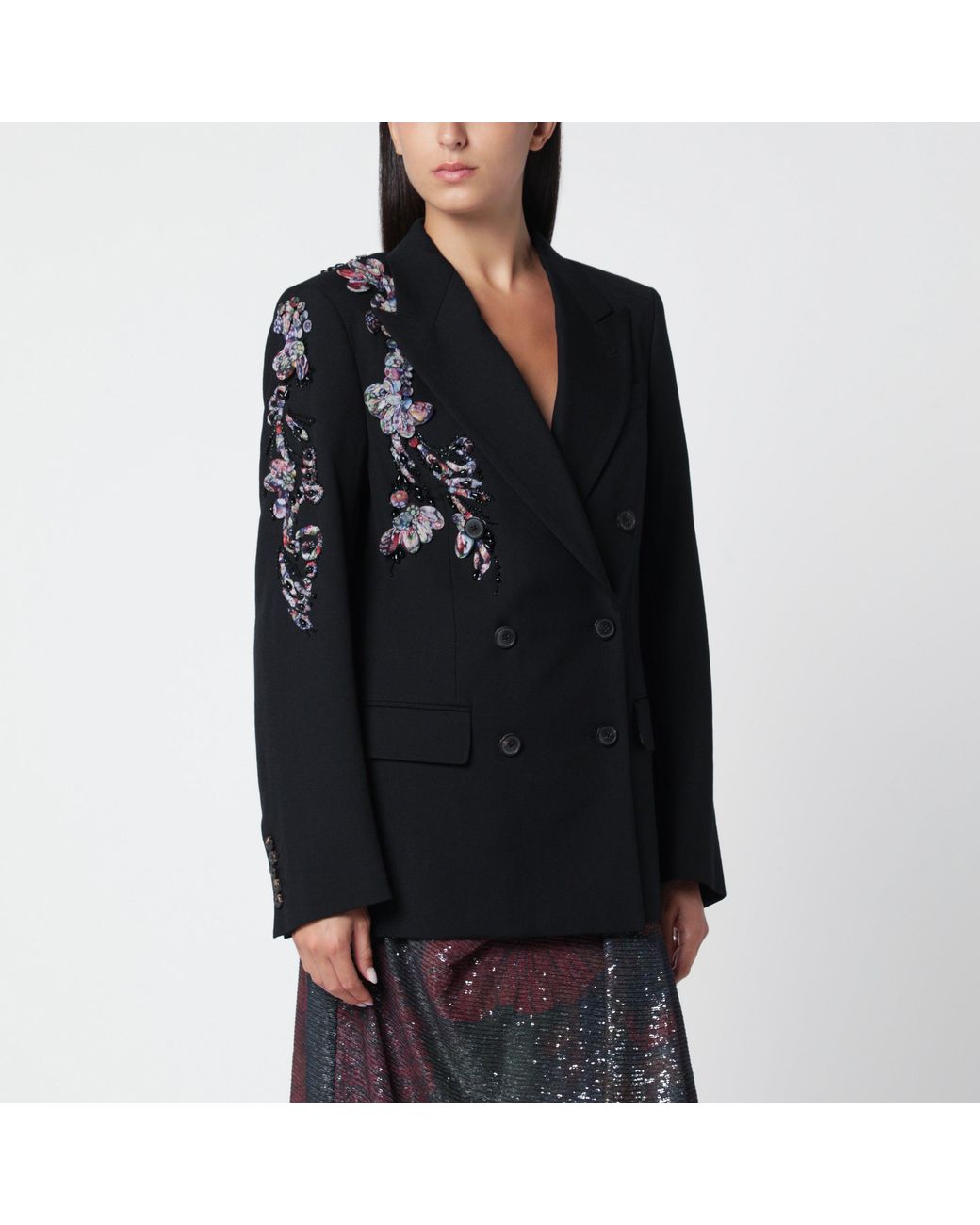 Dries Van Noten Black Double-Breasted Jacket With Floral Sequinned Appliqués