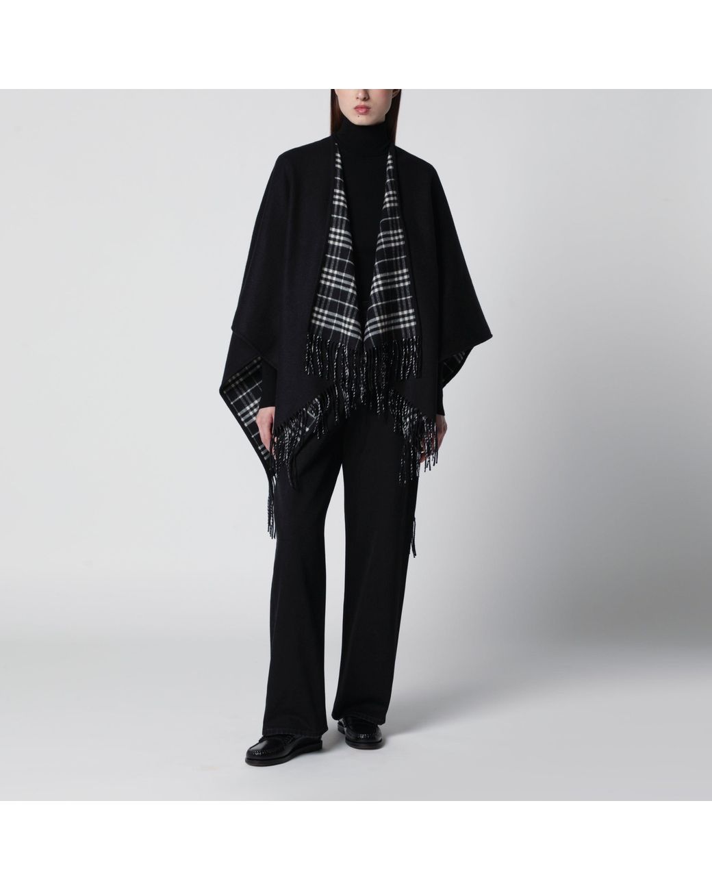 Burberry Black Reversible Wool Check Cape With Fringes