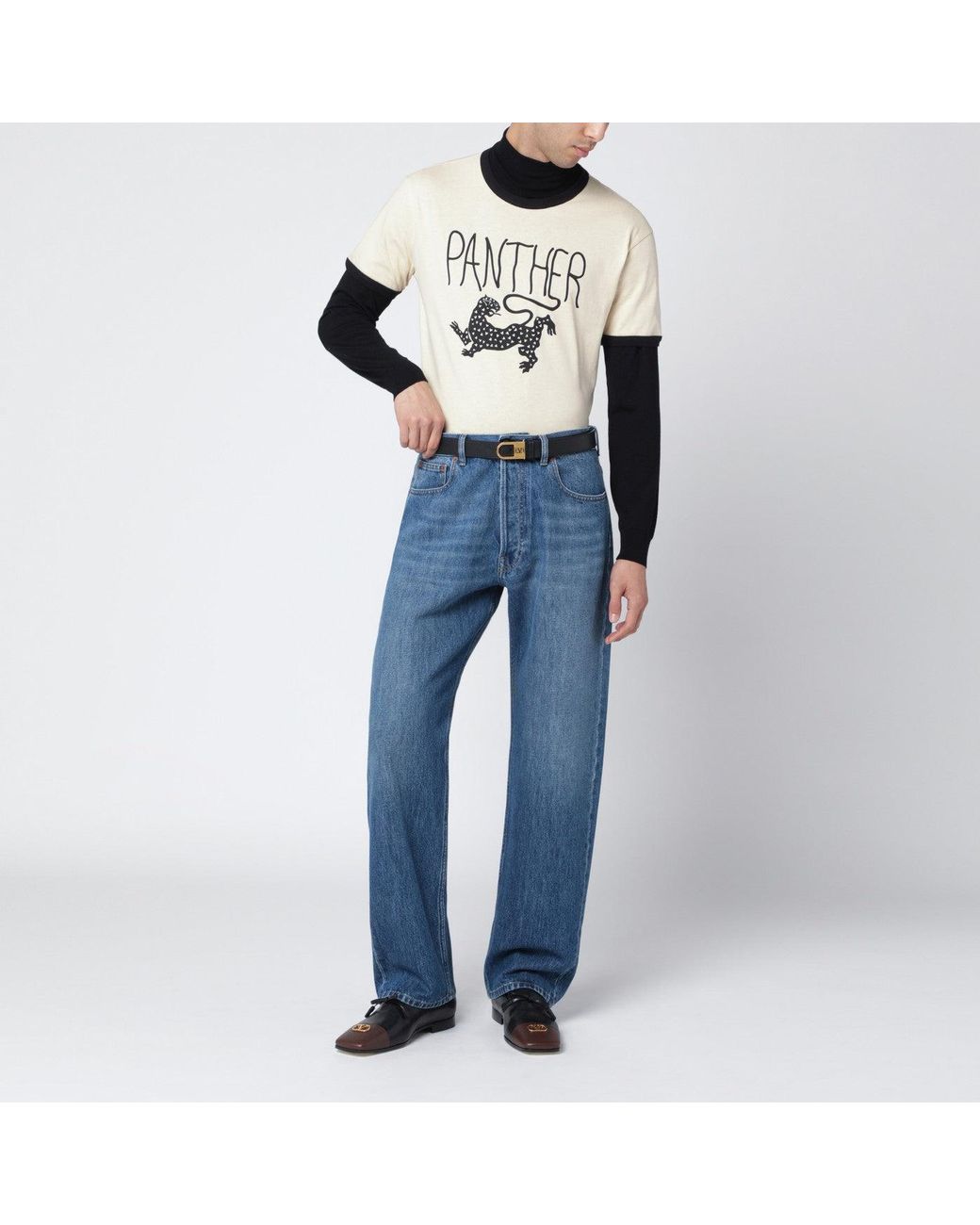 Valentino Blue Butter-Colored T-Shirt With Panther Print for men