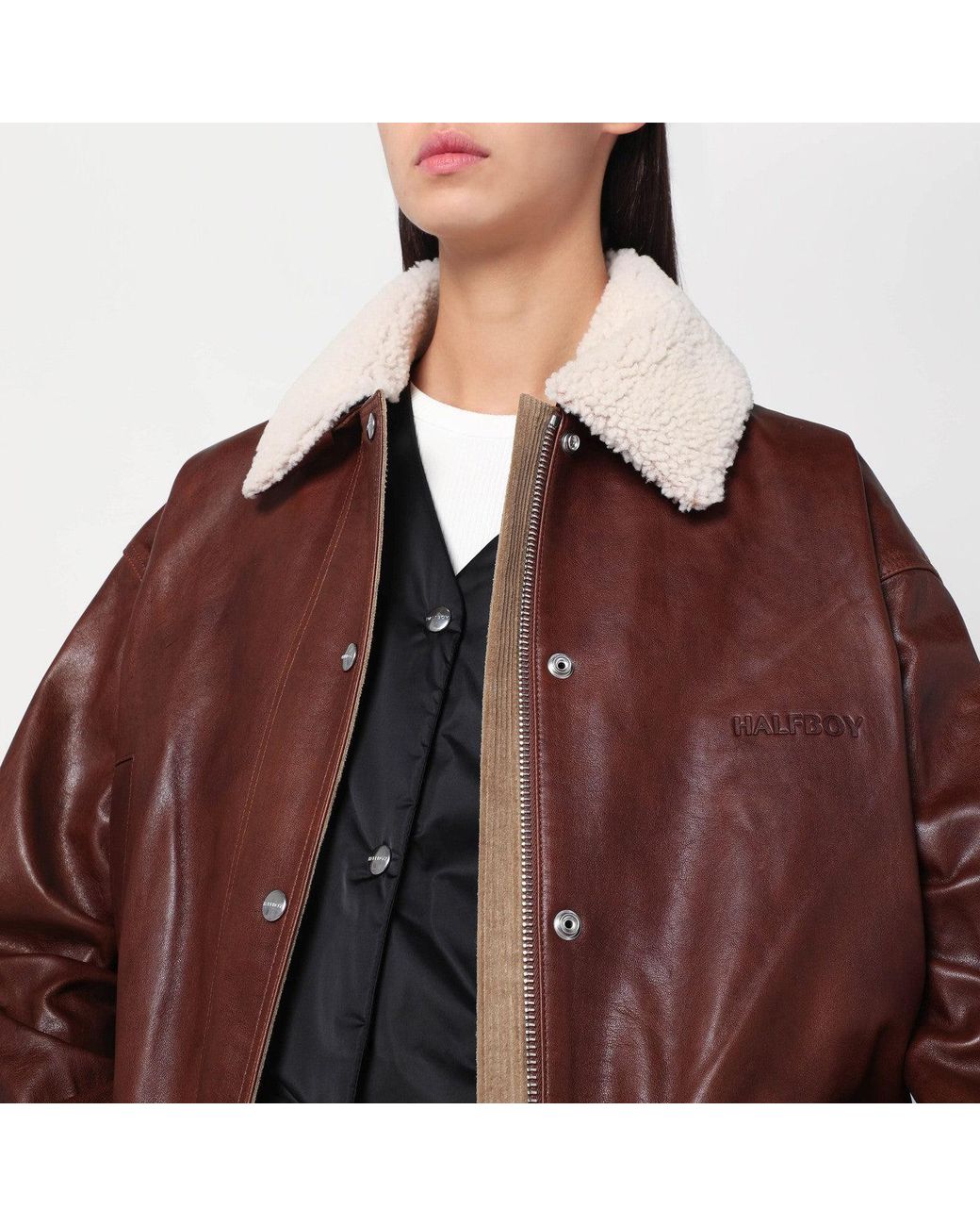 Halfboy Red Leather Jacket With Shearling Collar