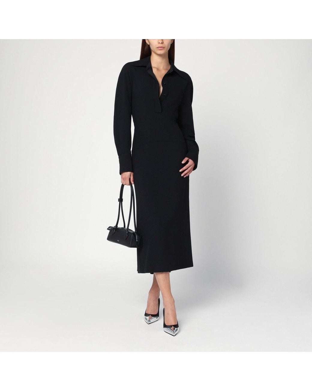 Victoria Beckham Black Satin Shirt Dress Midi