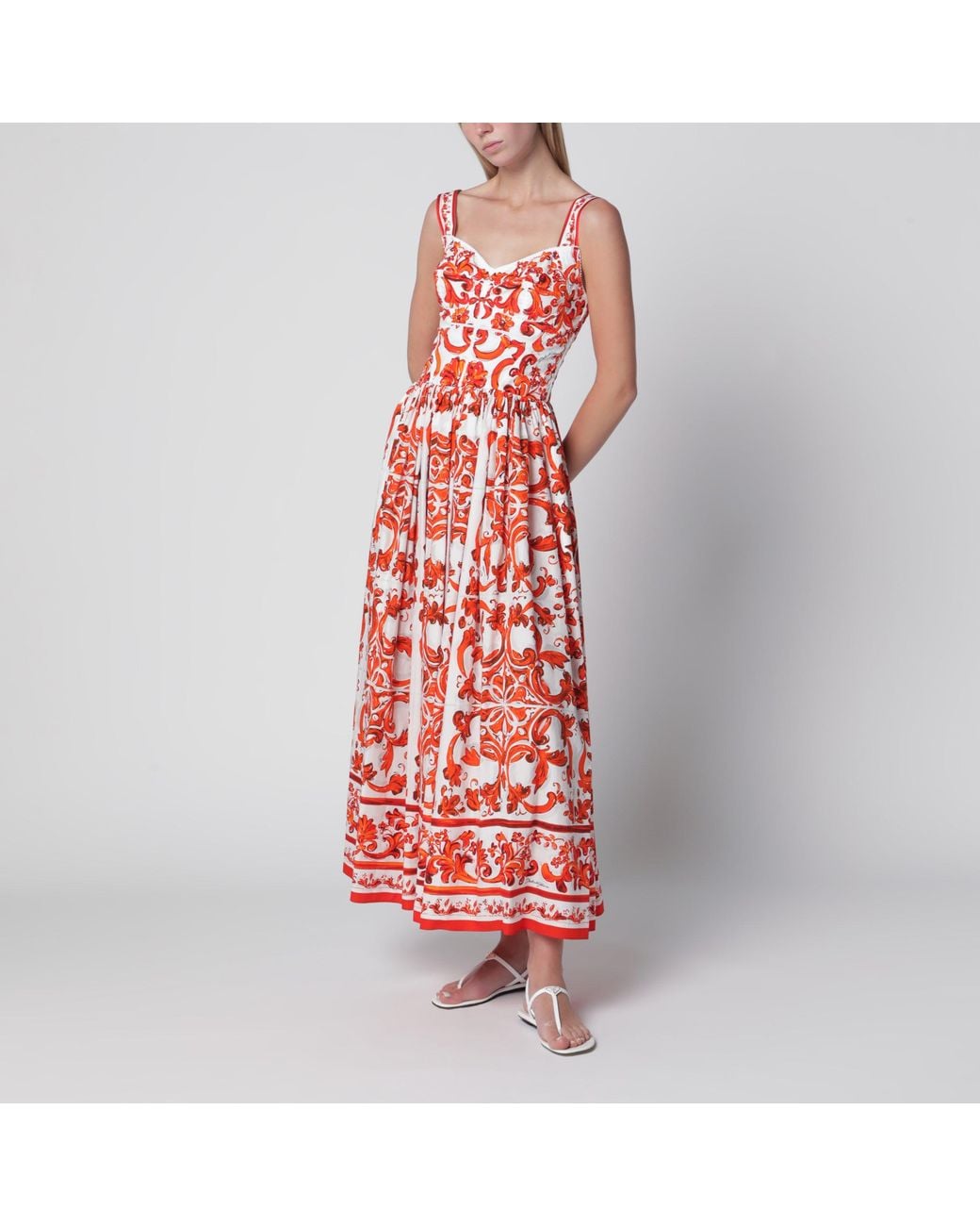 Dolce & Gabbana Red Maiolica-Print Poplin Maxi Dress