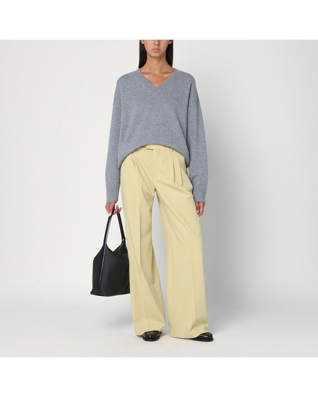 AMI Yellow Wide Lime-Coloured Wool Trousers