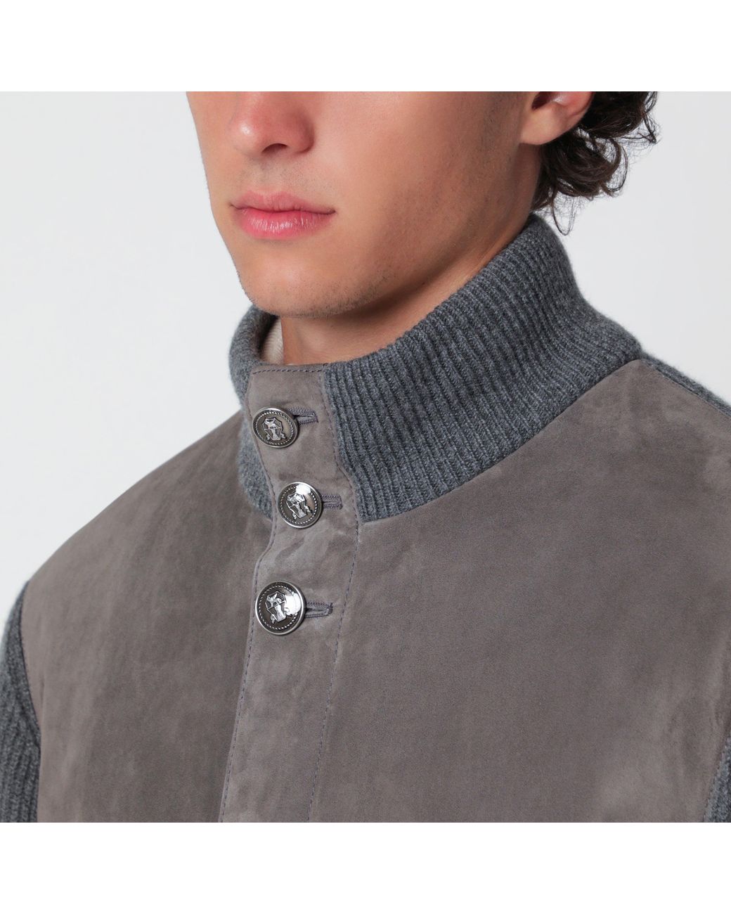Brunello Cucinelli Gray Steel Padded Leather And Cashmere Jacket for men