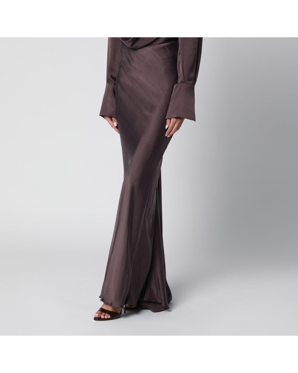 ANDAMANE Brown Long Rouge Noir Satin Skirt