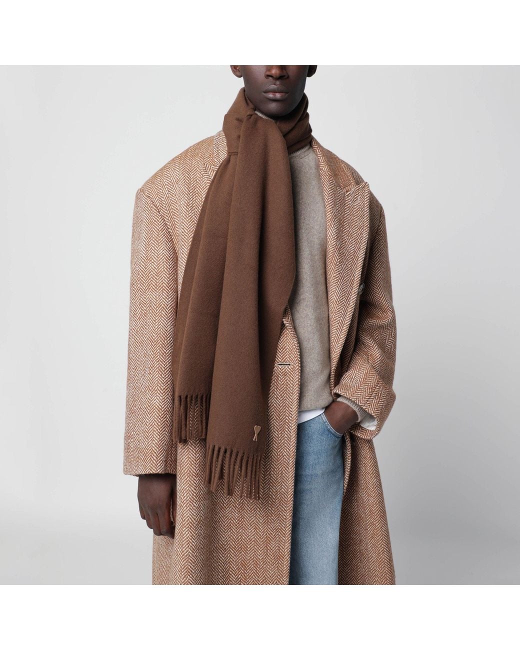AMI Brown Ami De Coeur Wool Scarf for men