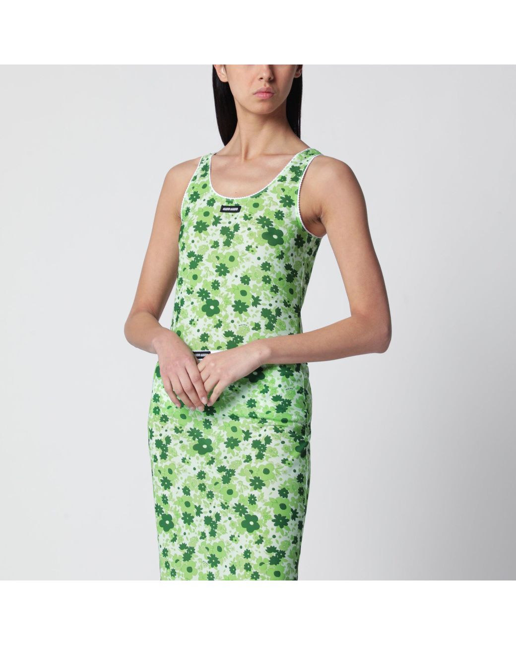 Miu Miu Green Floral Stretch Polyamide-Blend Top